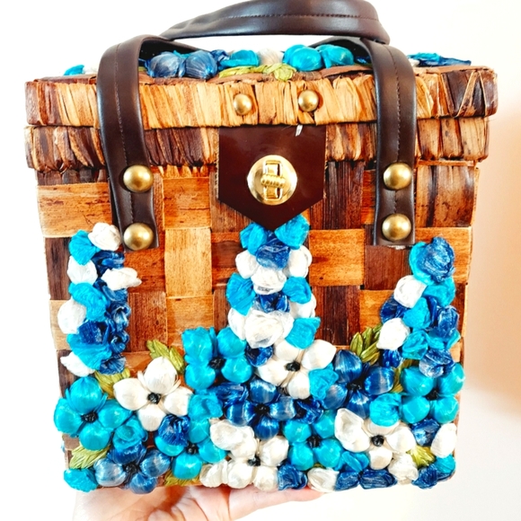 Vintage Handbags - Vintage 50s 60s rockabilly pinup Hawaiian tiki bombshell wicker rattan purse bag
